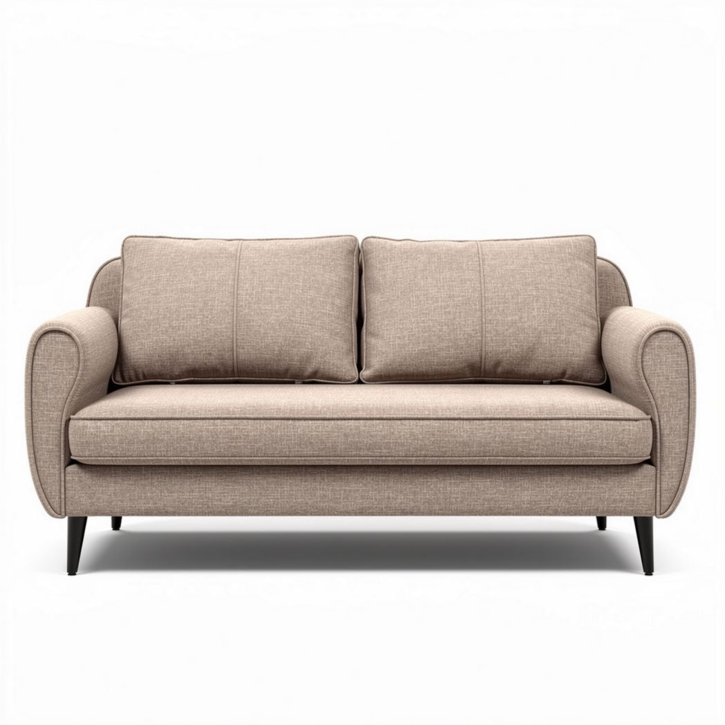 Canapé deux places en tissu beige dimensions 150 x 85 x 70 cm avec pieds en métal