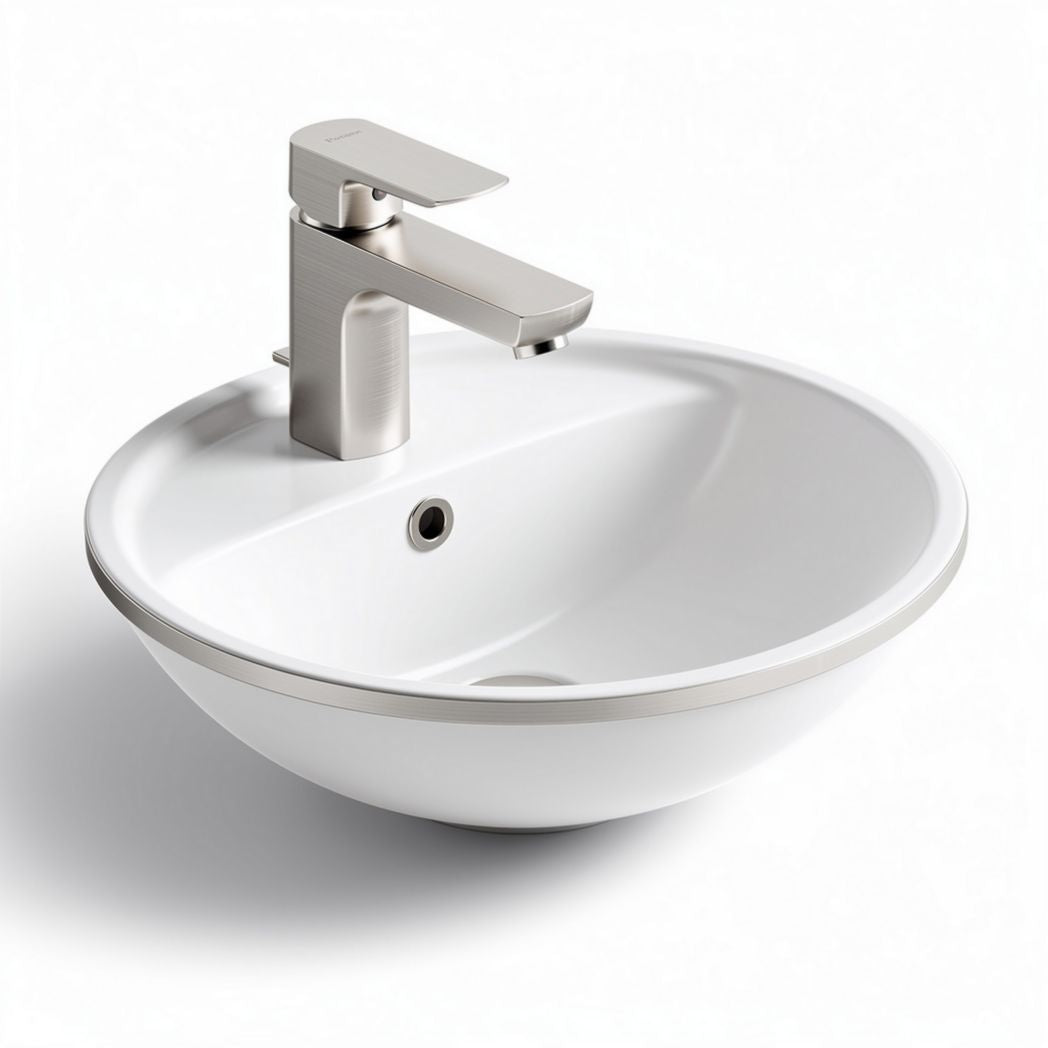 Lavabo rond en céramique blanche avec robinet en acier inoxydable 40 x 40 x 15cm