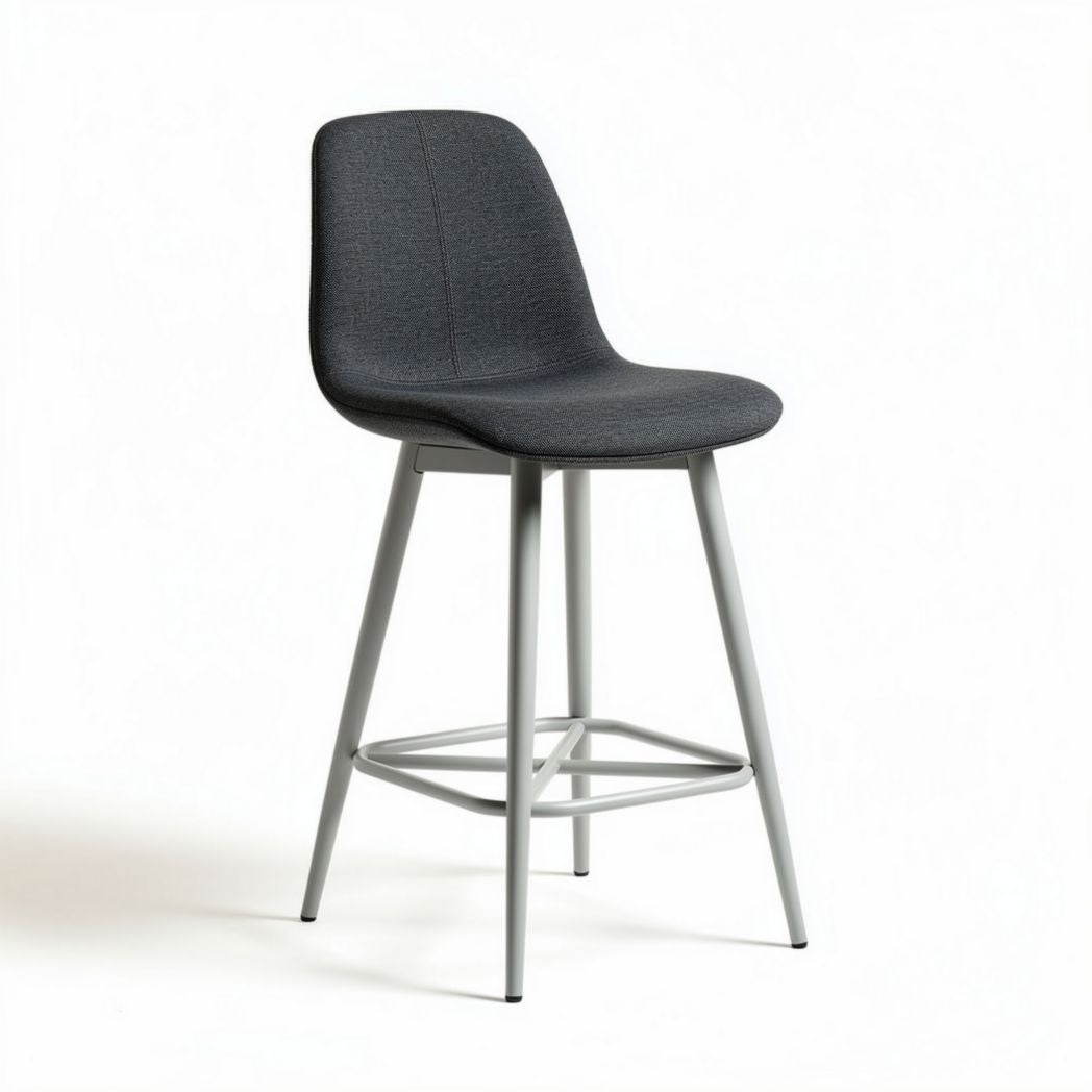 Tabouret en tissu gris avec structure en métal argenté hauteur 100 cm