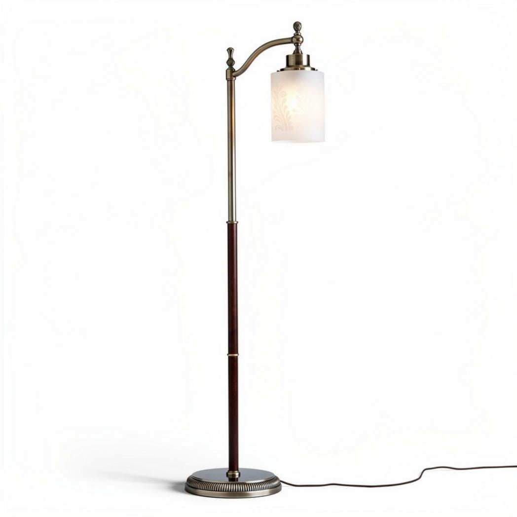 Lampe sur pied en métal brun avec abat-jour en verre blanc 30 x 30 x 150cm