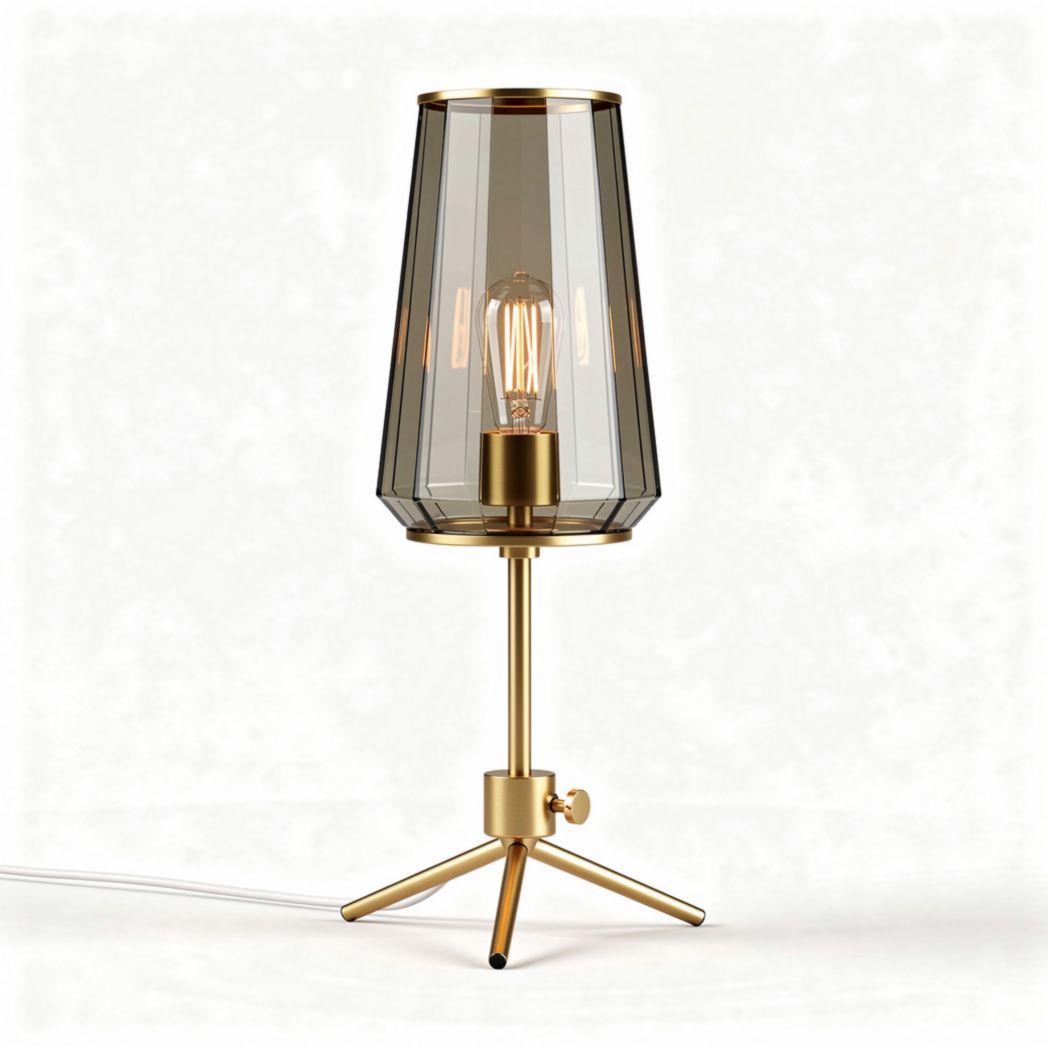 Lampe de table en verre fumé et métal doré hauteur 40cm largeur 20cm