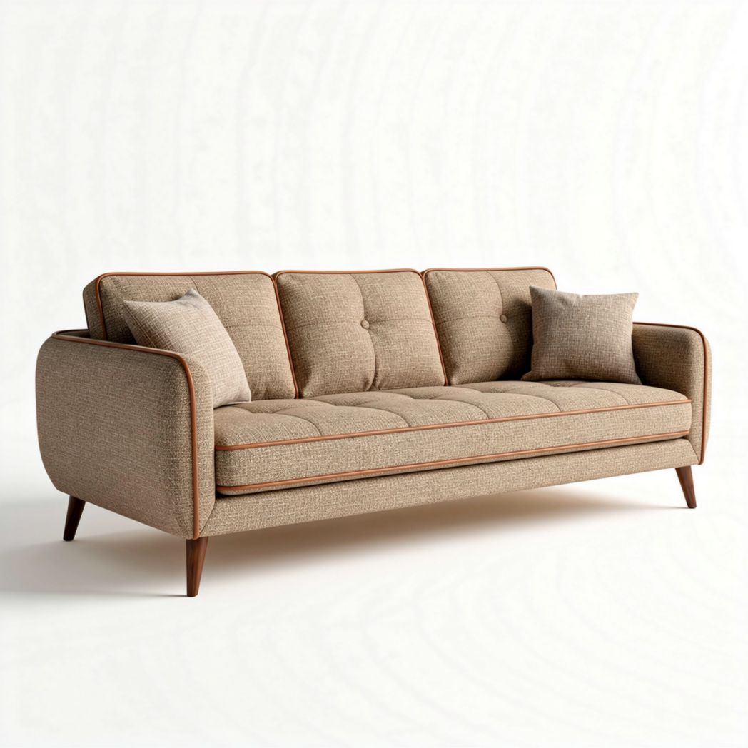 Canapé trois places tissu beige 200 x 85 x 70cm avec coussins intégrés