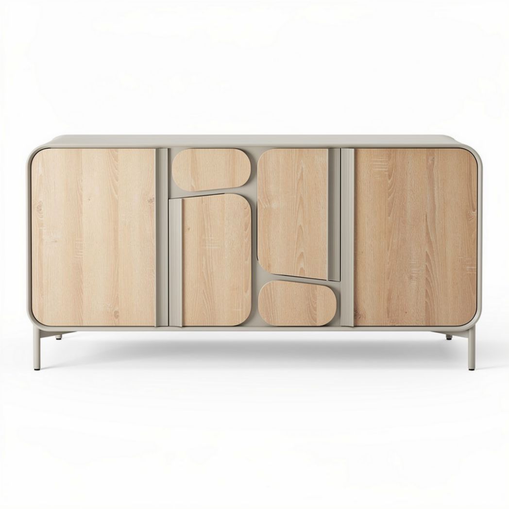 Buffet en bois clair avec portes en différentes formes 120 x 40 x 75cm